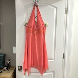 Peach colored silky cocktail dress